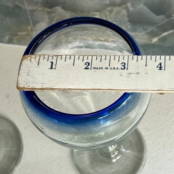 Mexican Hand Blown Cobalt Blue Rim Water Beer Pilsner Goblets 7.75” Tall - Picture 4 of 7